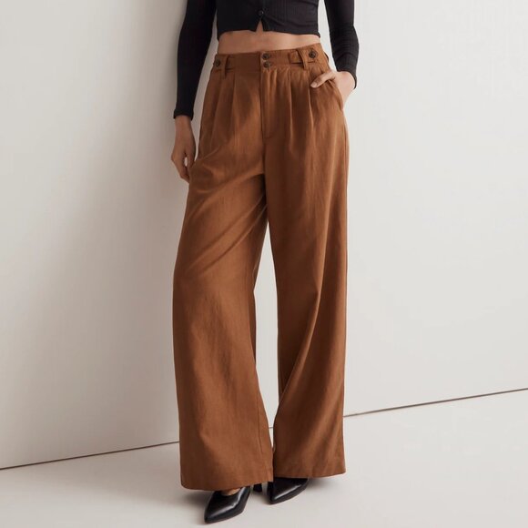Madewell The Harlow Wide Leg Pant Linen Blend Pleated Women's 12 Acorn - Picture 1 of 10